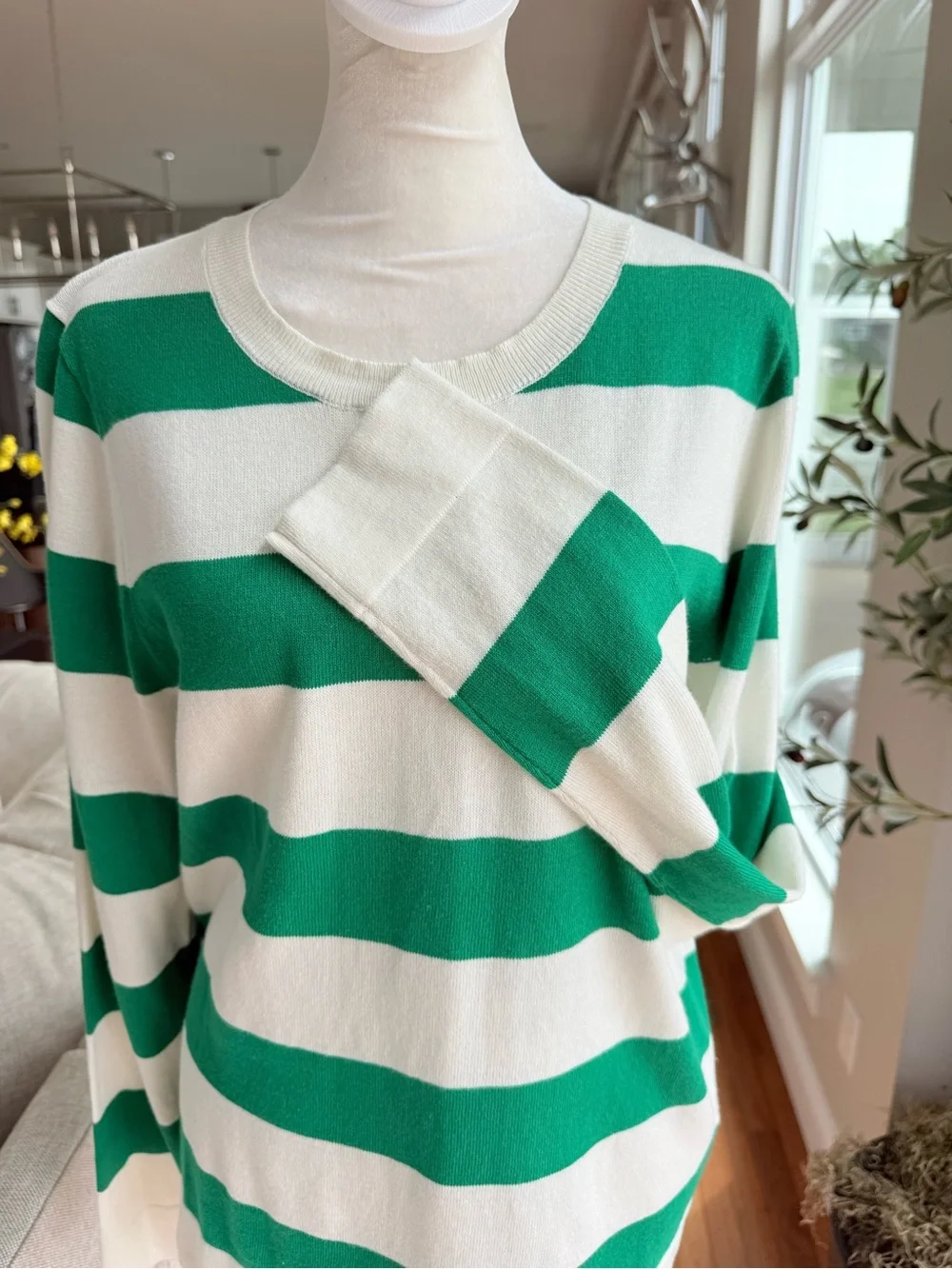 J. Crew Green and White Striped Scoop-Neck Sweater